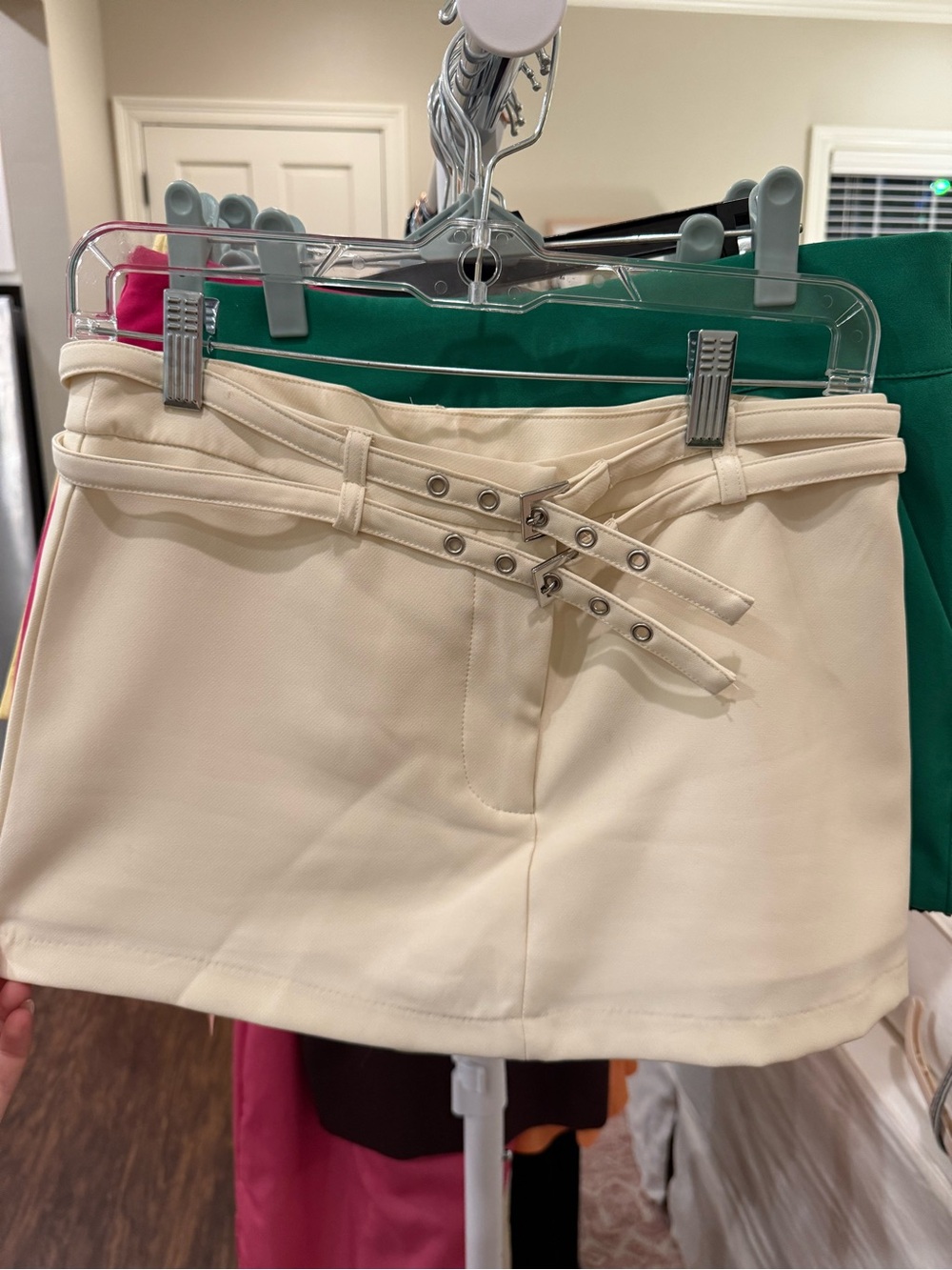 Cream Mini Skirt with Double Buckle Detail